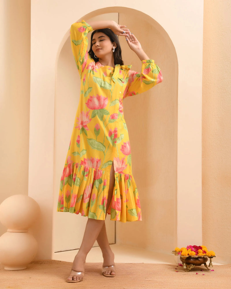 Yellow floral middie dress with shoulder tie-up and gathered panel (Set of 5 Pc)