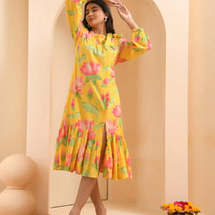 Yellow floral middie dress with shoulder tie-up and gathered panel (Set of 5 Pc)