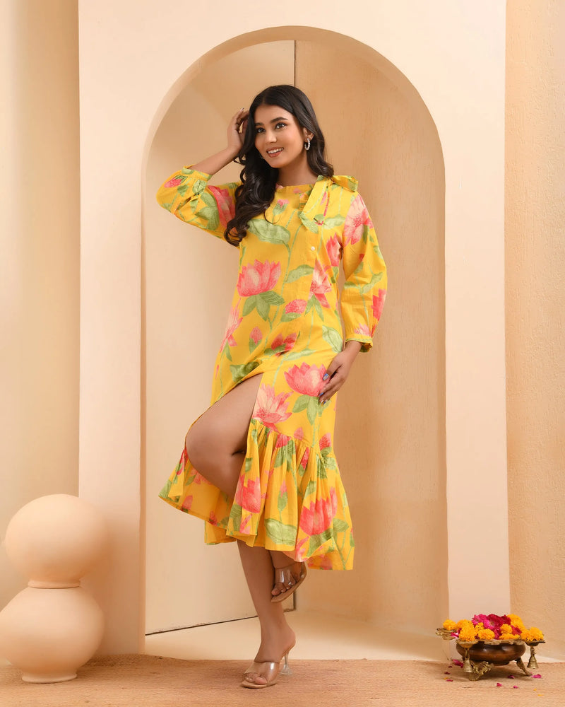 Yellow floral middie dress with shoulder tie-up and gathered panel (Set of 5 Pc)