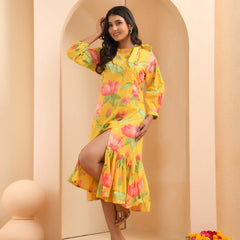 Yellow floral middie dress with shoulder tie-up and gathered panel (Set of 5 Pc)
