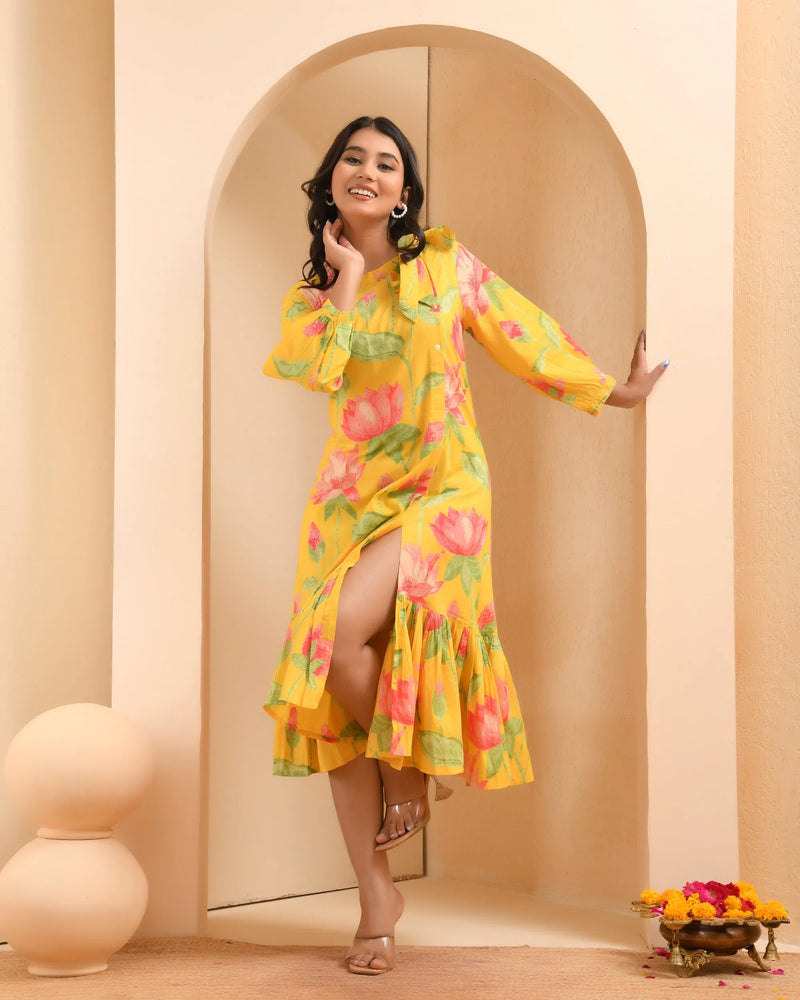 Yellow floral middie dress with shoulder tie-up and gathered panel (Set of 5 Pc)