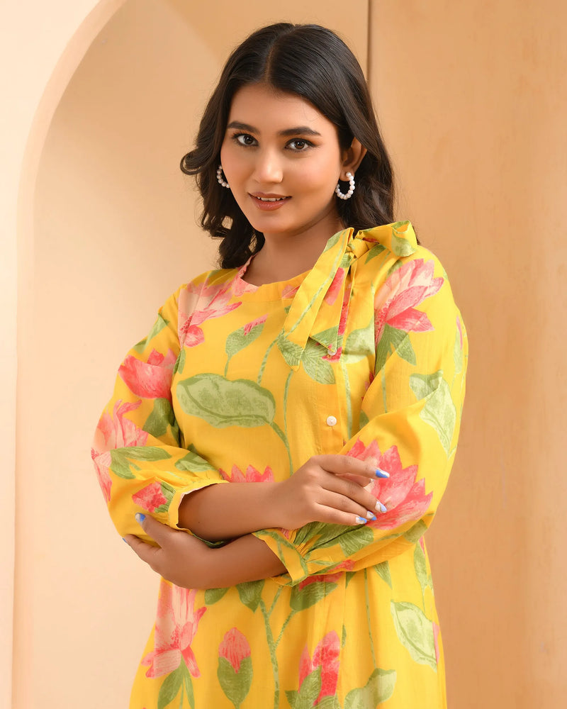 Yellow floral middie dress with shoulder tie-up and gathered panel (Set of 5 Pc)