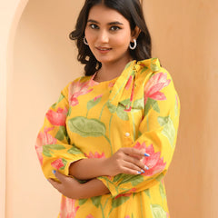 Yellow floral middie dress with shoulder tie-up and gathered panel (Set of 5 Pc)