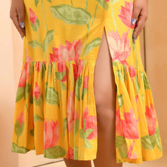 Yellow floral middie dress with shoulder tie-up and gathered panel (Set of 5 Pc)