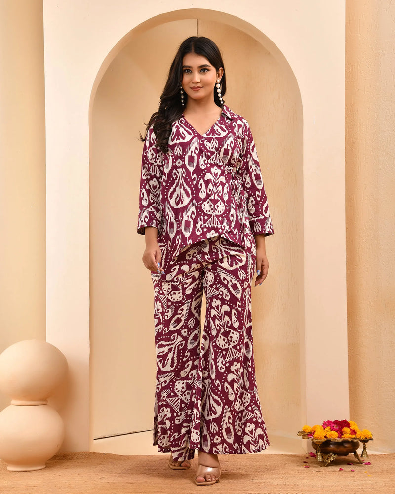 Maroon Ikat Print Cord Set With Bell Bottom Style Pants (Set of 5 Pc)