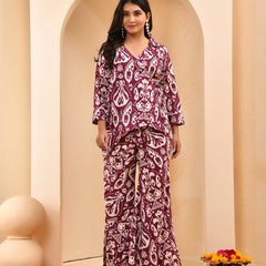 Maroon Ikat Print Cord Set With Bell Bottom Style Pants (Set of 5 Pc)