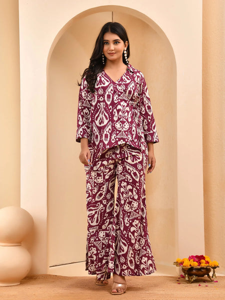 Maroon Ikat Print Cord Set With Bell Bottom Style Pants (Set of 5 Pc)