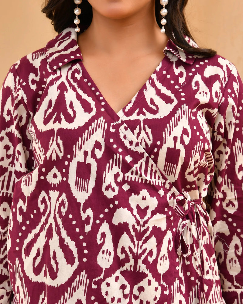 Maroon Ikat Print Cord Set With Bell Bottom Style Pants (Set of 5 Pc)