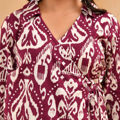 Maroon Ikat Print Cord Set With Bell Bottom Style Pants (Set of 5 Pc)