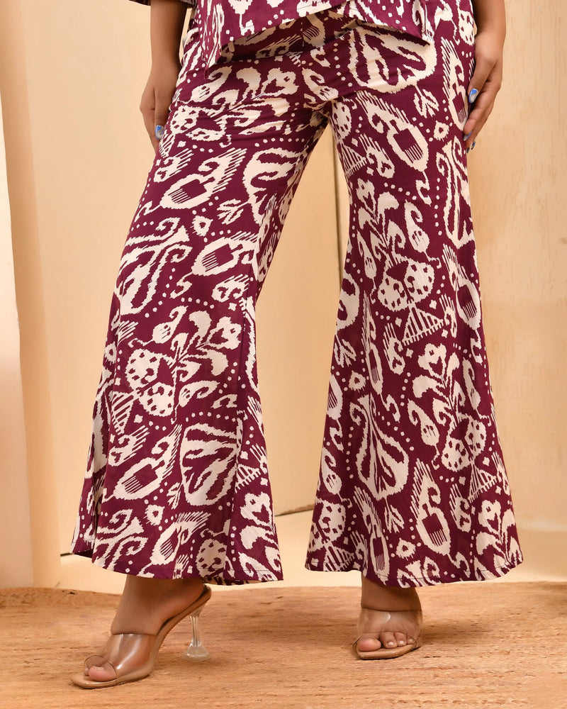 Maroon Ikat Print Cord Set With Bell Bottom Style Pants (Set of 5 Pc)