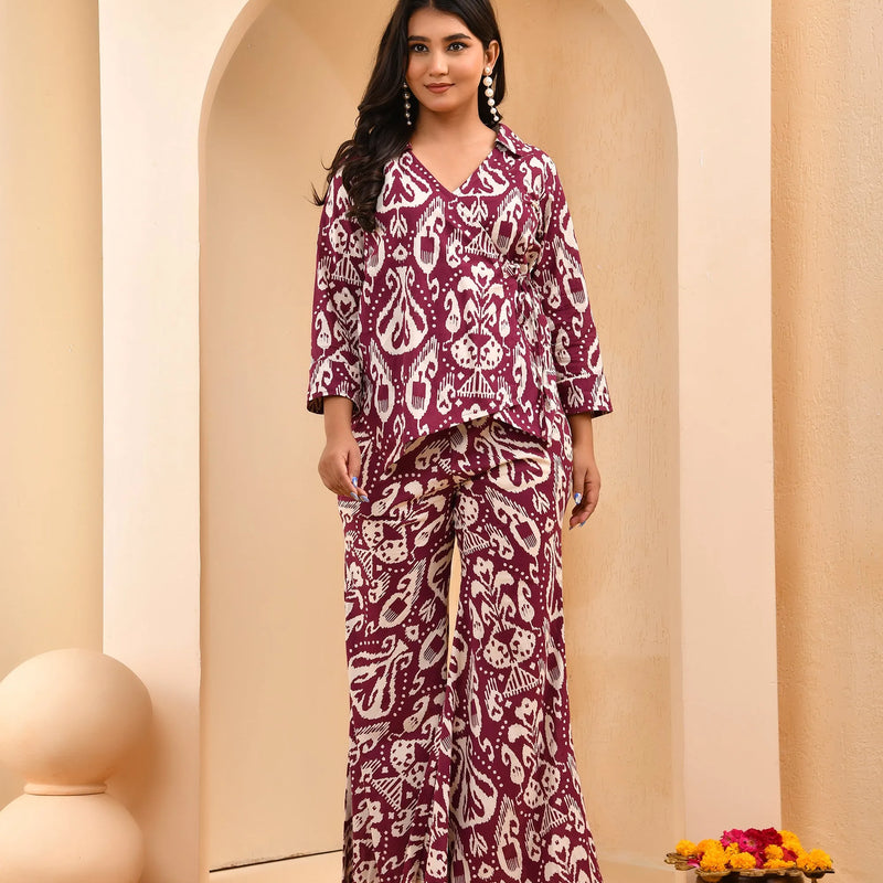 Maroon Ikat Print Cord Set With Bell Bottom Style Pants (Set of 5 Pc)