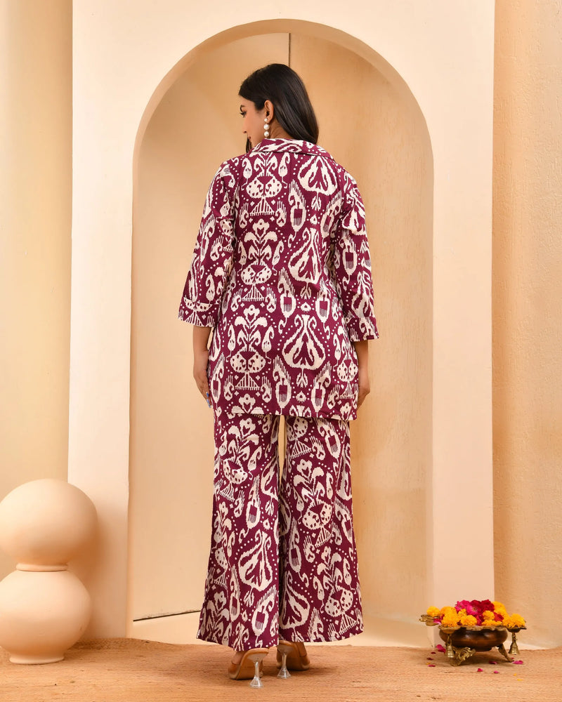 Maroon Ikat Print Cord Set With Bell Bottom Style Pants (Set of 5 Pc)