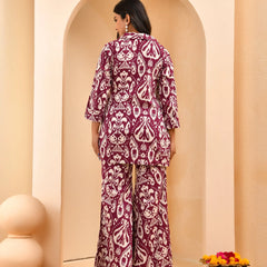 Maroon Ikat Print Cord Set With Bell Bottom Style Pants (Set of 5 Pc)