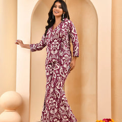 Maroon Ikat Print Cord Set With Bell Bottom Style Pants (Set of 5 Pc)