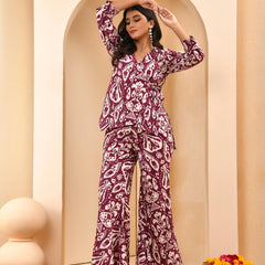 Maroon Ikat Print Cord Set With Bell Bottom Style Pants (Set of 5 Pc)