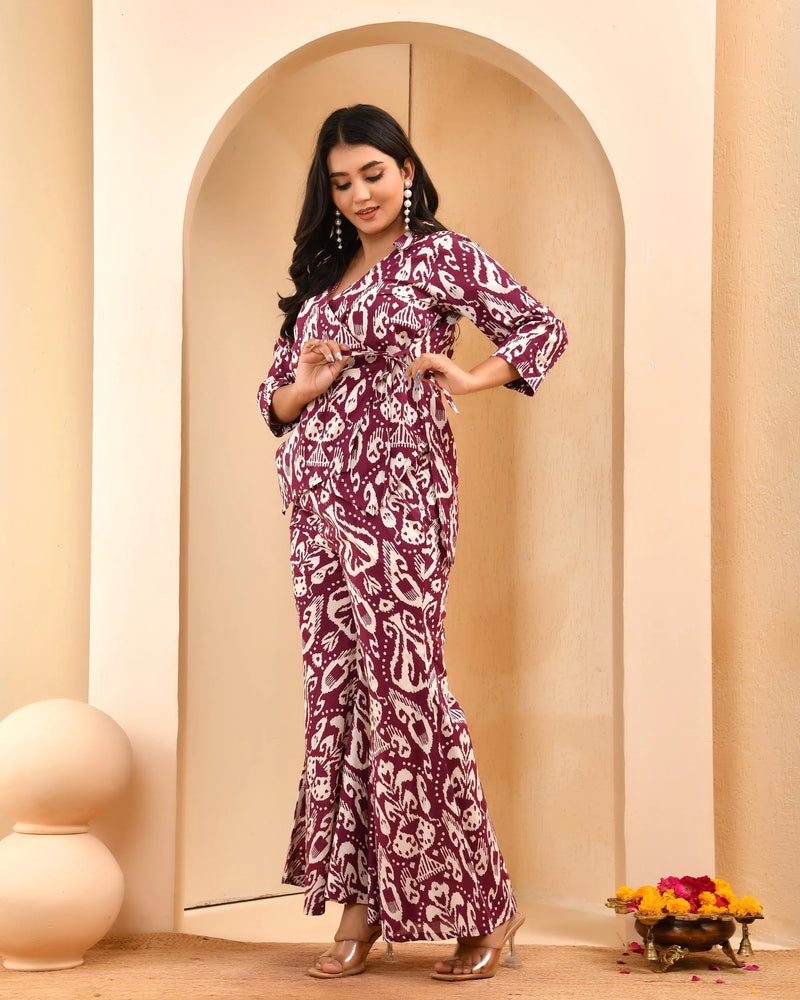 Maroon Ikat Print Cord Set With Bell Bottom Style Pants (Set of 5 Pc)