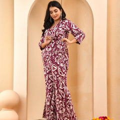 Maroon Ikat Print Cord Set With Bell Bottom Style Pants (Set of 5 Pc)
