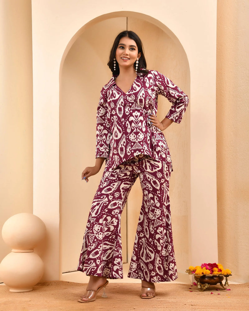 Maroon Ikat Print Cord Set With Bell Bottom Style Pants (Set of 5 Pc)