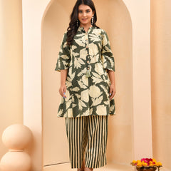Green Floral Printed Aline Co-ord Set With Striped Printed Pants (Set of 5 Pc)