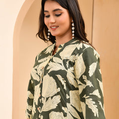 Green Floral Printed Aline Co-ord Set With Striped Printed Pants (Set of 5 Pc)