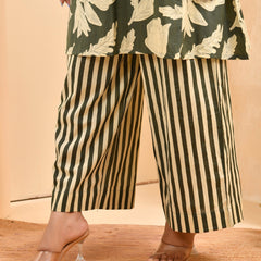 Green Floral Printed Aline Co-ord Set With Striped Printed Pants (Set of 5 Pc)