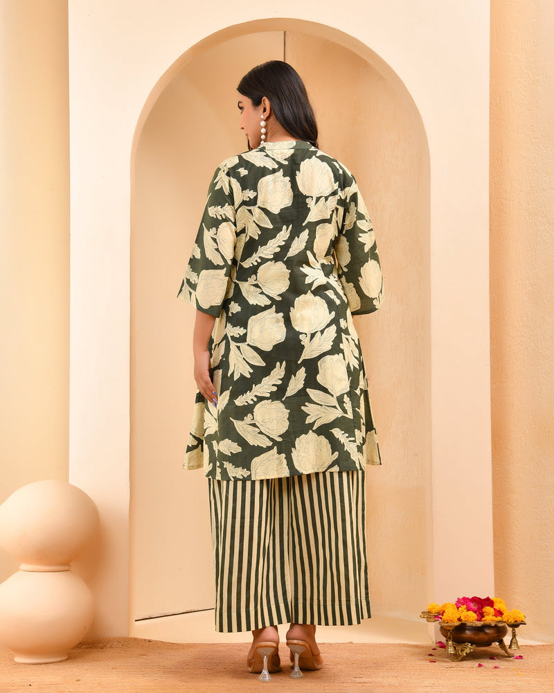 Green Floral Printed Aline Co-ord Set With Striped Printed Pants (Set of 5 Pc)