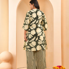 Green Floral Printed Aline Co-ord Set With Striped Printed Pants (Set of 5 Pc)