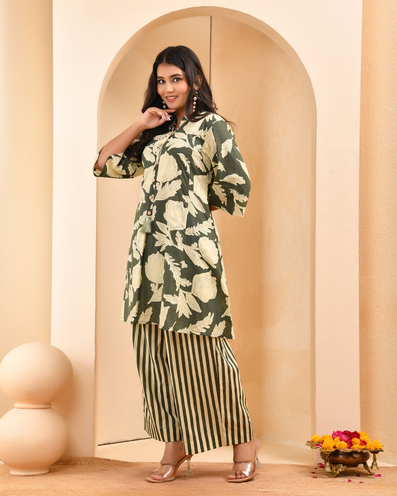 Green Floral Printed Aline Co-ord Set With Striped Printed Pants (Set of 5 Pc)