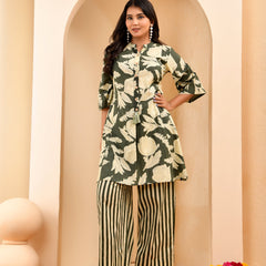 Green Floral Printed Aline Co-ord Set With Striped Printed Pants (Set of 5 Pc)