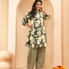 Green Floral Printed Aline Co-ord Set With Striped Printed Pants (Set of 5 Pc)