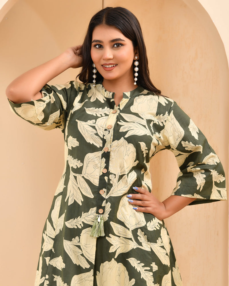Green Floral Printed Aline Co-ord Set With Striped Printed Pants (Set of 5 Pc)