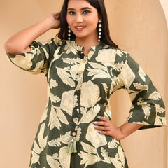 Green Floral Printed Aline Co-ord Set With Striped Printed Pants (Set of 5 Pc)