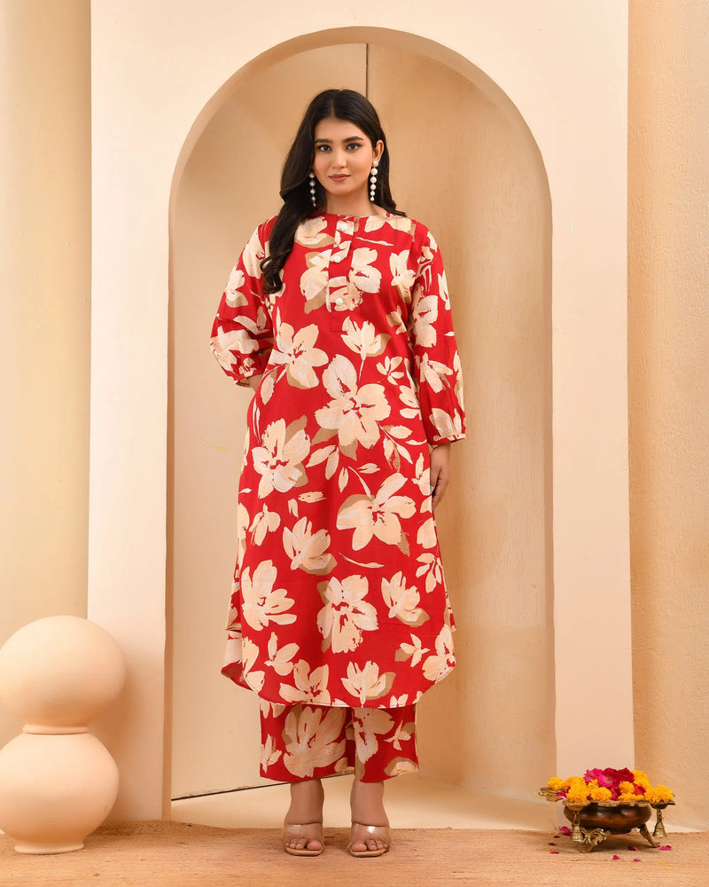 Cherry Red Floral Flared Co-ord With Floral Printed Pants (Set of 5 Pc)