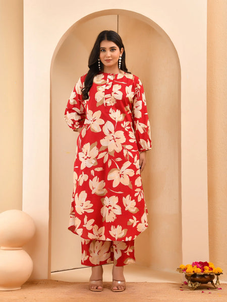 Cherry Red Floral Flared Co-ord With Floral Printed Pants (Set of 5 Pc)
