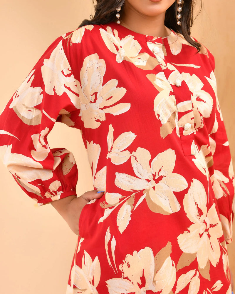 Cherry Red Floral Flared Co-ord With Floral Printed Pants (Set of 5 Pc)