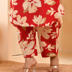 Cherry Red Floral Flared Co-ord With Floral Printed Pants (Set of 5 Pc)