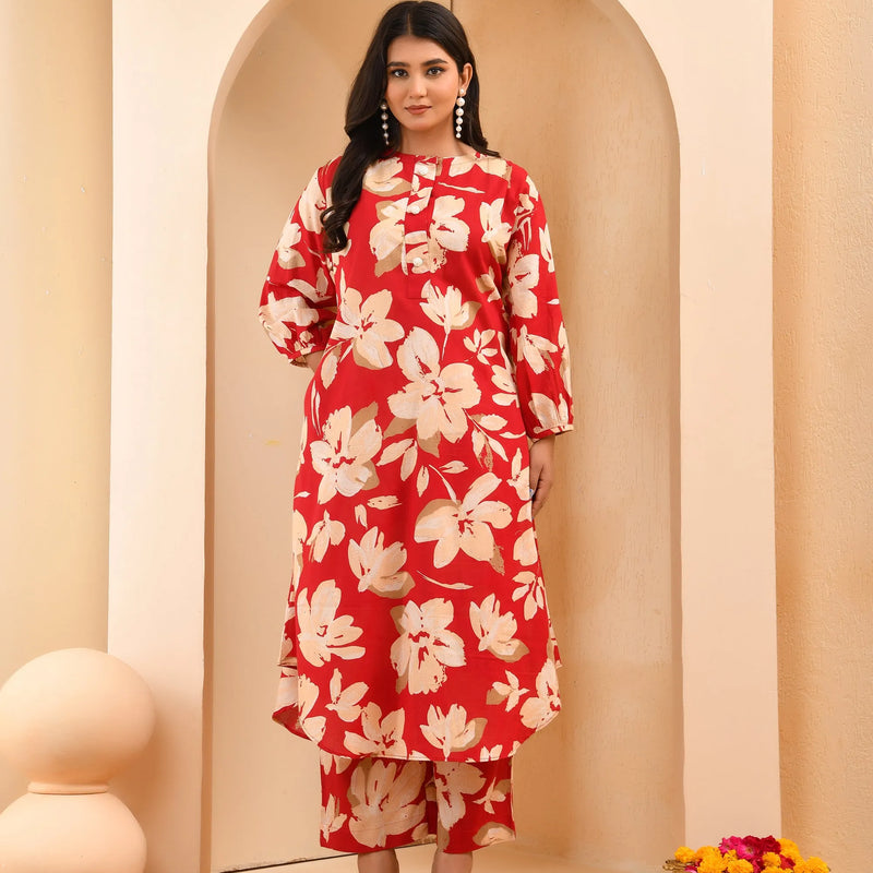 Cherry Red Floral Flared Co-ord With Floral Printed Pants (Set of 5 Pc)