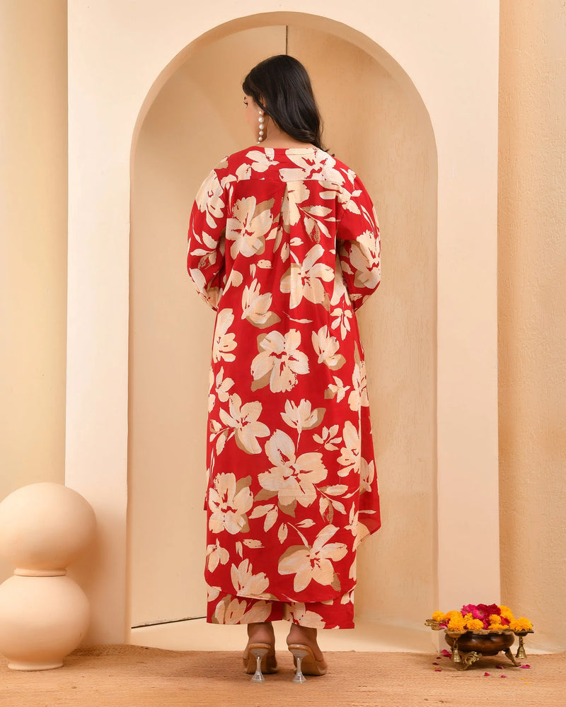 Cherry Red Floral Flared Co-ord With Floral Printed Pants (Set of 5 Pc)
