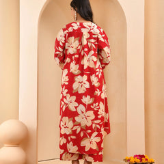 Cherry Red Floral Flared Co-ord With Floral Printed Pants (Set of 5 Pc)