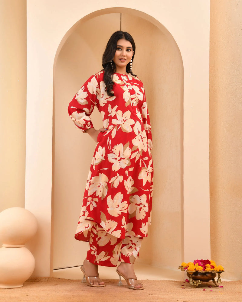 Cherry Red Floral Flared Co-ord With Floral Printed Pants (Set of 5 Pc)