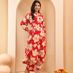 Cherry Red Floral Flared Co-ord With Floral Printed Pants (Set of 5 Pc)