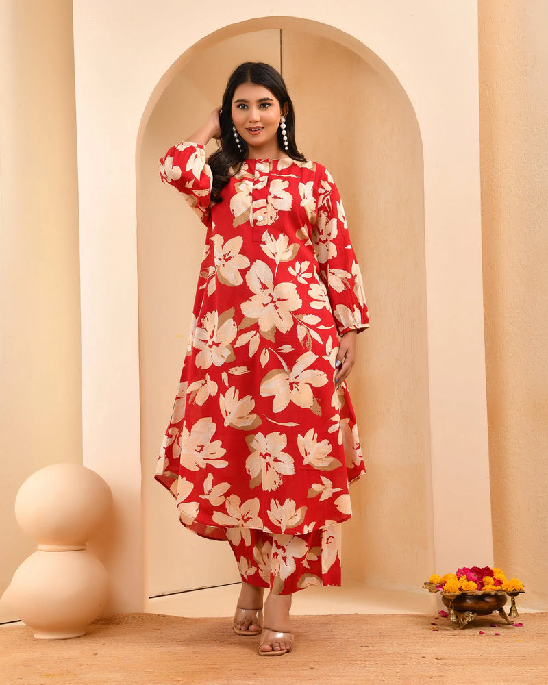 Cherry Red Floral Flared Co-ord With Floral Printed Pants (Set of 5 Pc)