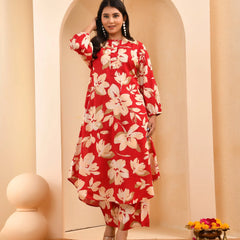 Cherry Red Floral Flared Co-ord With Floral Printed Pants (Set of 5 Pc)