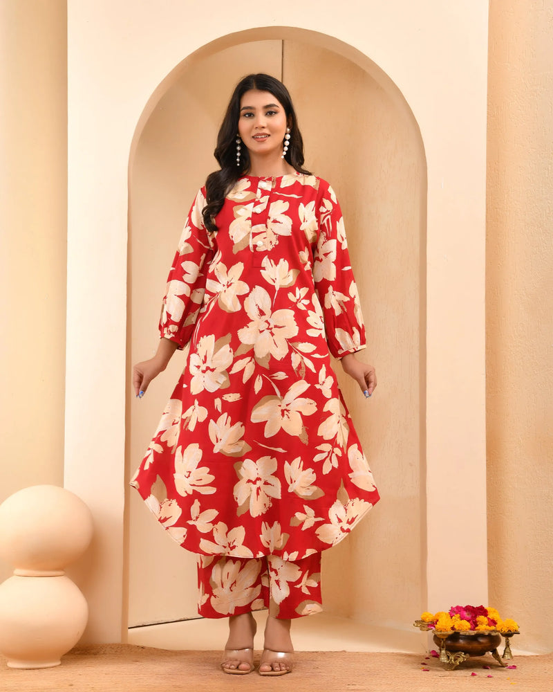 Cherry Red Floral Flared Co-ord With Floral Printed Pants (Set of 5 Pc)