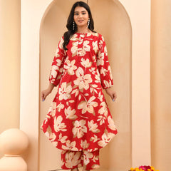 Cherry Red Floral Flared Co-ord With Floral Printed Pants (Set of 5 Pc)