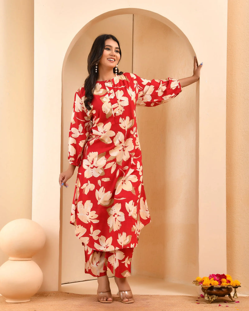 Cherry Red Floral Flared Co-ord With Floral Printed Pants (Set of 5 Pc)