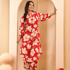 Cherry Red Floral Flared Co-ord With Floral Printed Pants (Set of 5 Pc)