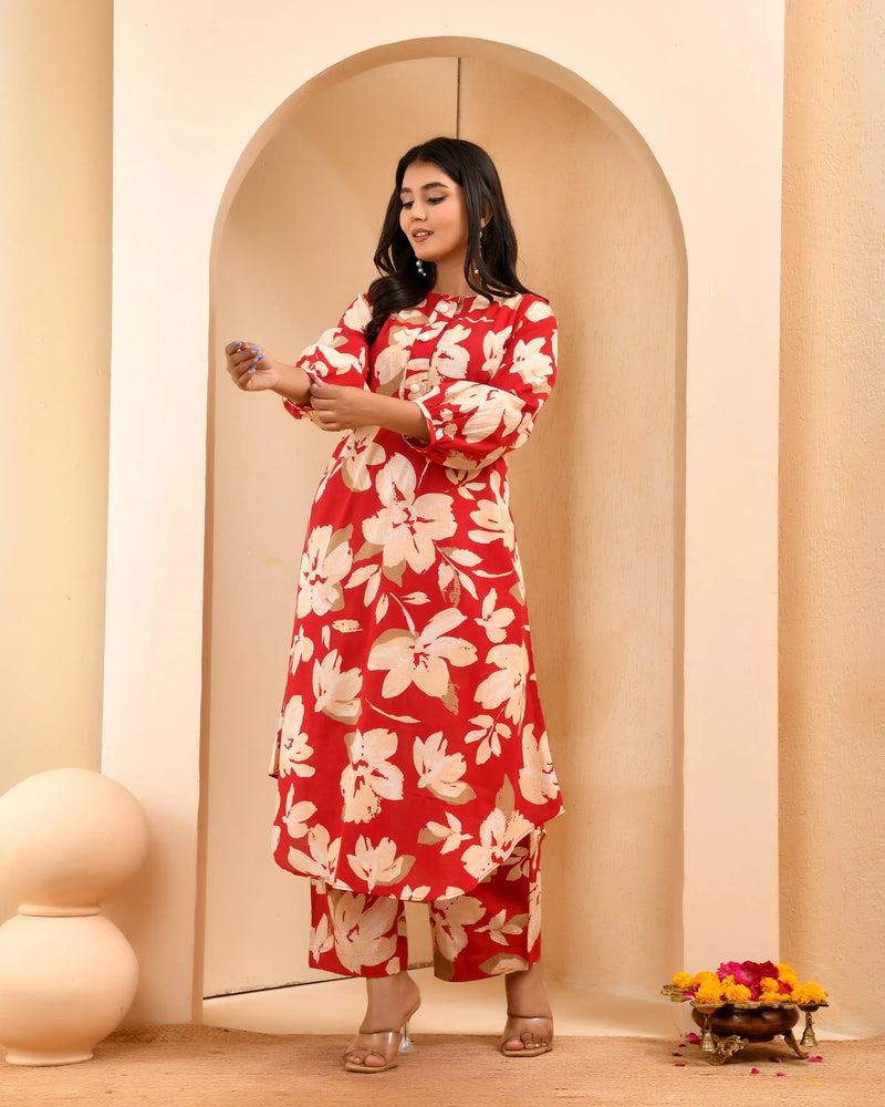 Cherry Red Floral Flared Co-ord With Floral Printed Pants (Set of 5 Pc)