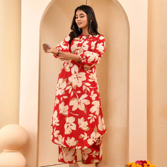 Cherry Red Floral Flared Co-ord With Floral Printed Pants (Set of 5 Pc)