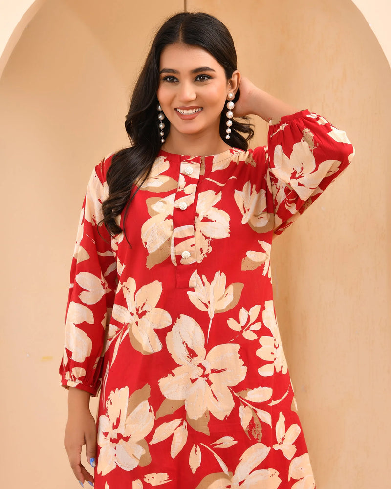 Cherry Red Floral Flared Co-ord With Floral Printed Pants (Set of 5 Pc)